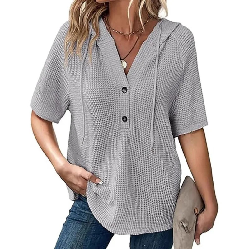 Womens Summer Knitted Short Sleeve Tops Chic Drawstring Hoodies Button V Neck Casual Work Blouses Top Deals 250604