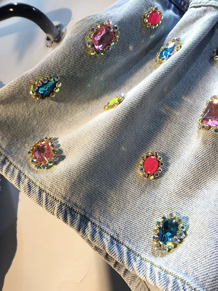 DEAT Womens Denim Shorts Colored Big Diamonds Drawstring Elastic Waist Wide Leg Short Pants Summer Fashion 29L1544 250604