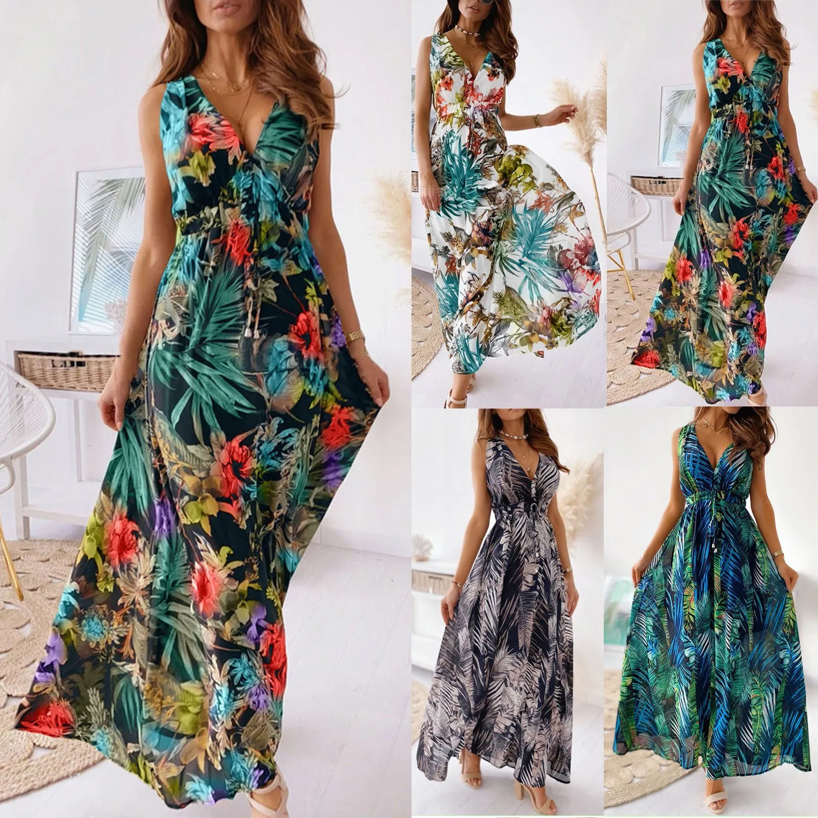 Womens Sleeveless Dresses Summer Classic Print Casual Vacation Comfy Elegant Flowy Dress Elastic Waist VNeck Pullover Dress 250604