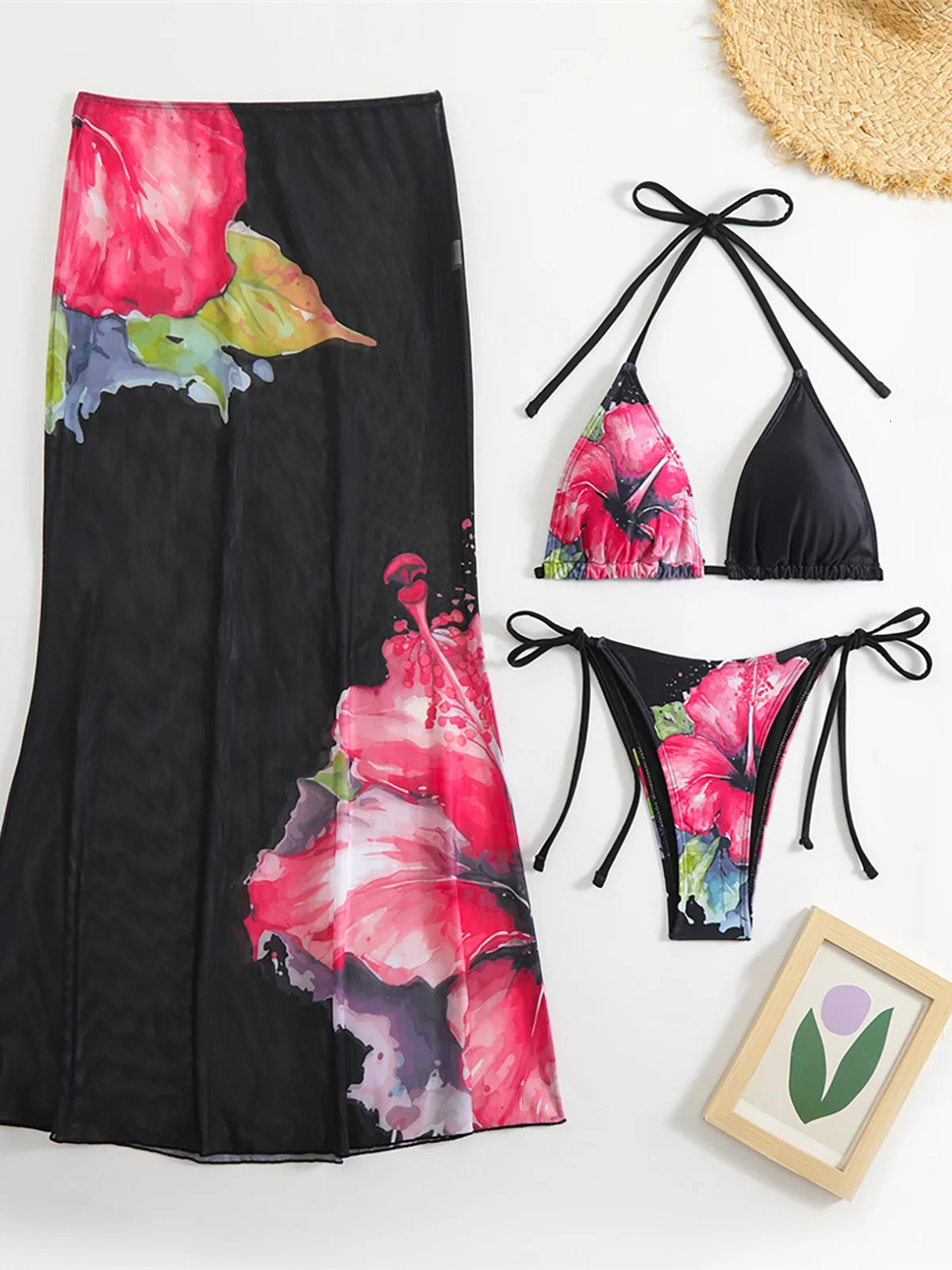 Flowers Printed With Skirt Halter Bikini Female Swimsuit Women Swimwear Threepiece set Bather Bathing Suit Swim V6637B 250604