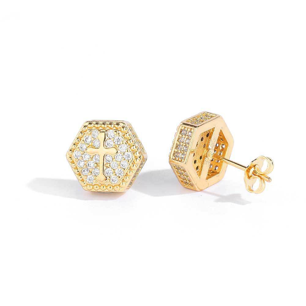 New Hexagonal Cross Moissanite Earstuds Trendy Brand Personalized Full Diamond Hip Hop Mens and Womens Earrings
