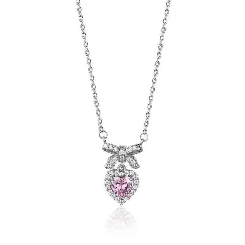 Cute Sweet Pink Bow Necklace Ladies Fashion Sparkling Rhinestone Heart Shape Pendant Clavicle Chain Delicate Wedding Accessories XJ250604