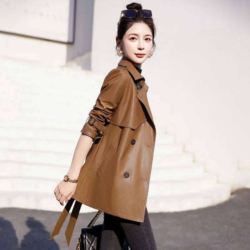 Autumn Winter New Women Temperament Slim-Fit Leather Coat Female Mid-Length Versatile Solid Color Sheepskin Trench Outwear
