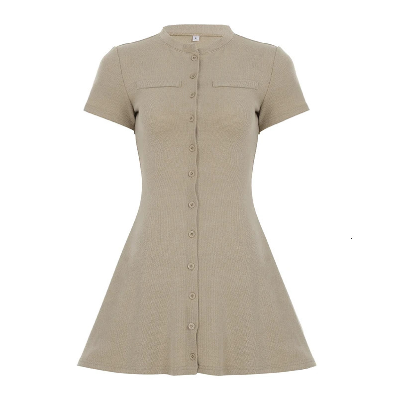 Fashion Simple Knitted Slim Fit ALine Dresses Office Lady Style Button Solid Basic Summer Trendy Frocks 250604