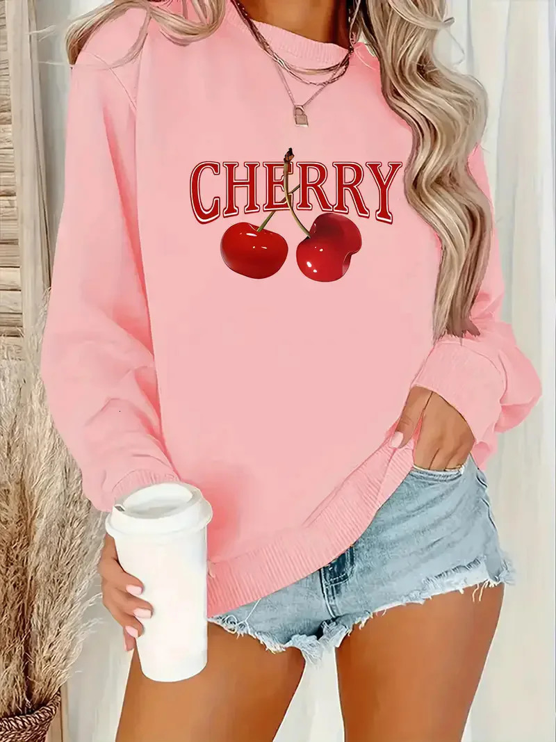 Cherry bow printed sports shirt for womens casual loose round neck cute aesthetic pullover Y2K clothing Harajuku style hoodie 250604