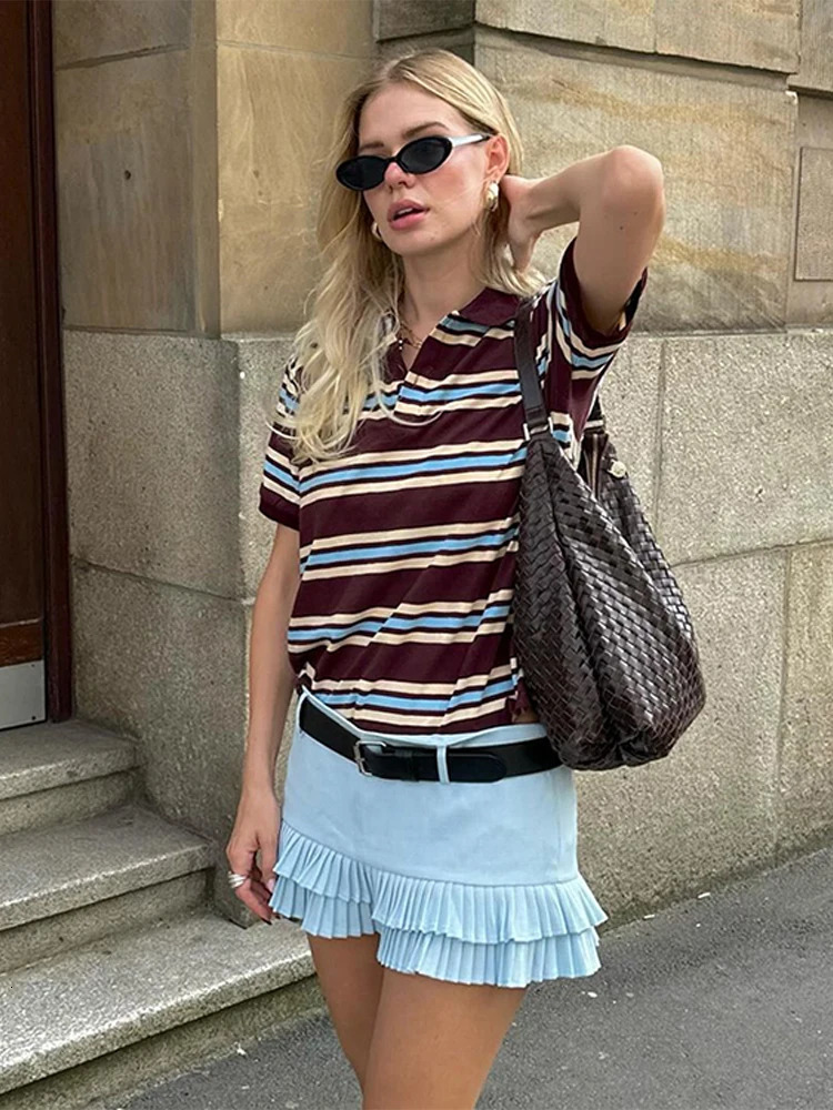 Fashion Stripe Polo Neck T Shirt For Women Soft Chic Short Sleeve Loose Casual Pullovers Summer Y2K Lady Street Tops 250604