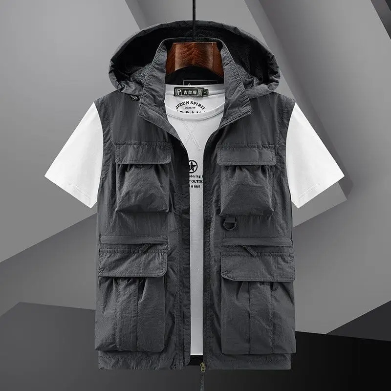 Spring Outdoor Hooded Fishing Vest Mens Solid Breathable MultiPocket High Quality Coat Detachable Hat Sports Male 250605Z