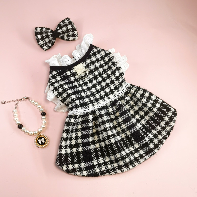 Cute Dog Dress Clothes for Small Dogs Cats Girl, Plaid Bow Tie Dog Harness Dresses with Pearls Bow Accessories Birthday Puppy Dress Yorkies Chihuahua 