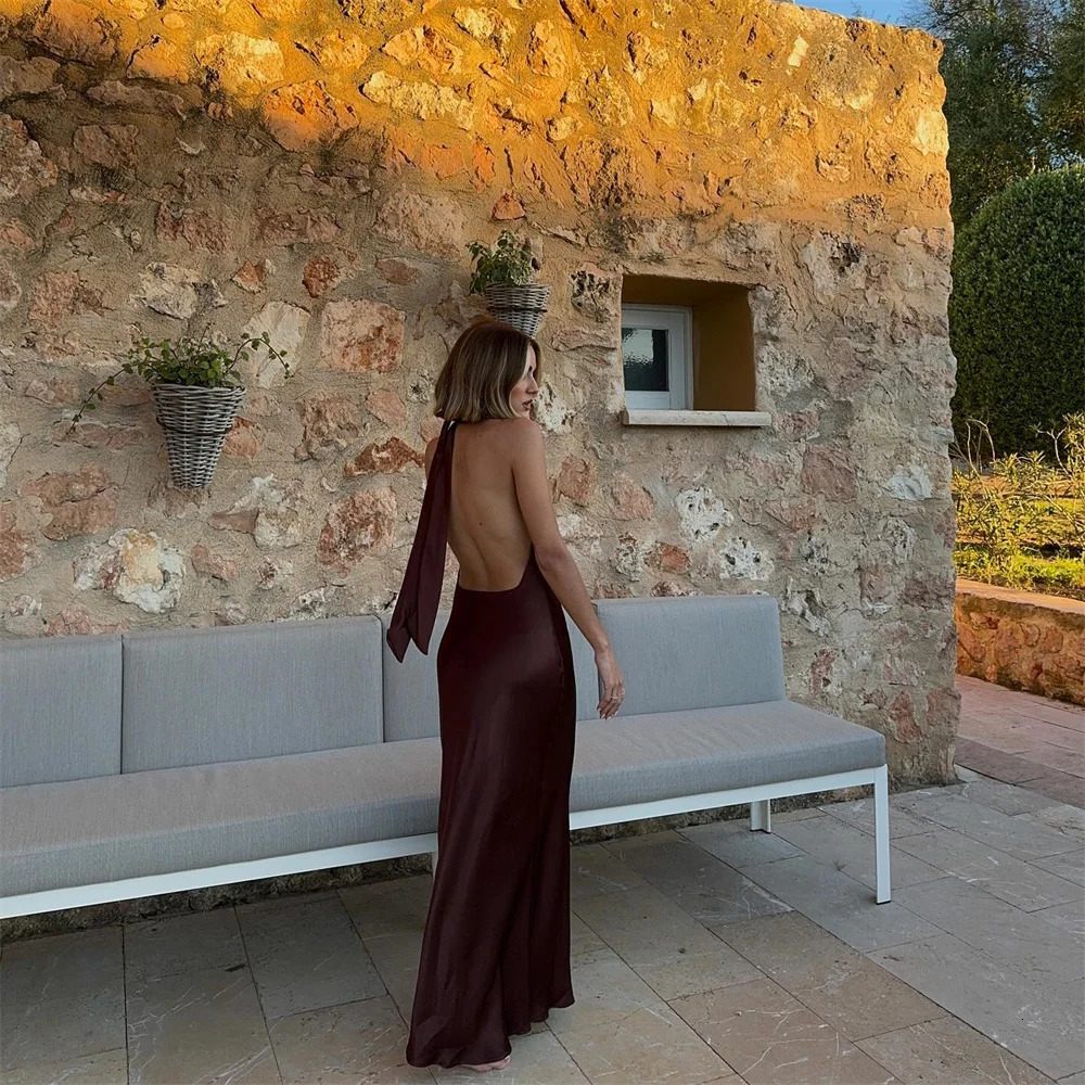 European And American Style Summer Womens Fashionable Temperament Solid Color Backless Silk Satin Texture Dress 250604