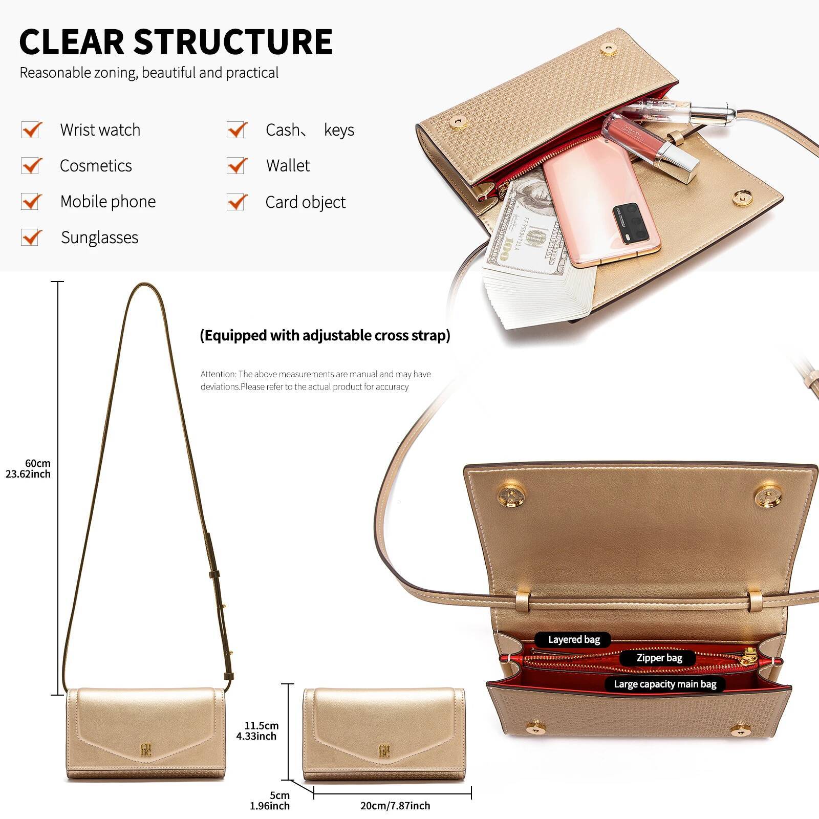 CHCH Crossbody Spring New Flip Small Square Bag Simple Women's Business Wallet Strap Detachable