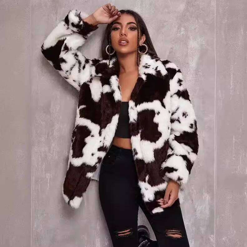 European American Cross-border Imitation Fur Coat Women's Clothing Autumn and Winter Original Style Cow Pattern