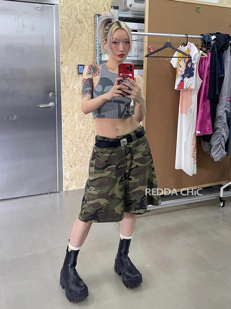 REDDACHiC 90s Retro Camouflage Baggy Jorts Women Loose Casual Denim Shorts High Waist Wide Leg Cargo Pants Grunge Y2k Streetwear 250604