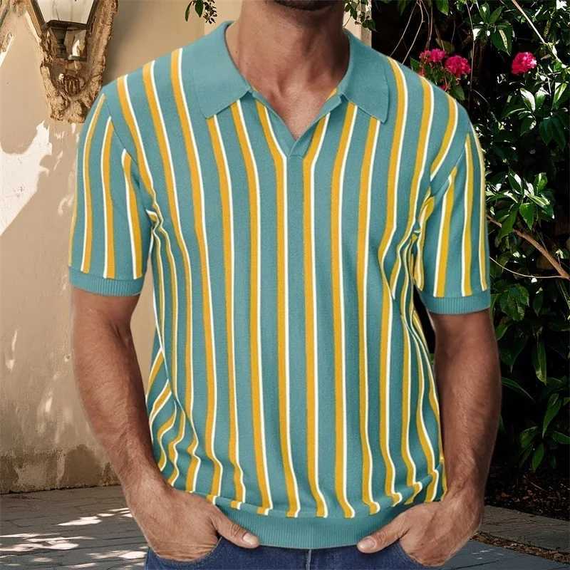 Mens Fit Striped Knit Shirt with Lapel V Neck and Short Sleeves - Stylish Summer Streetwear Top for a Trendy Look XJ250605
