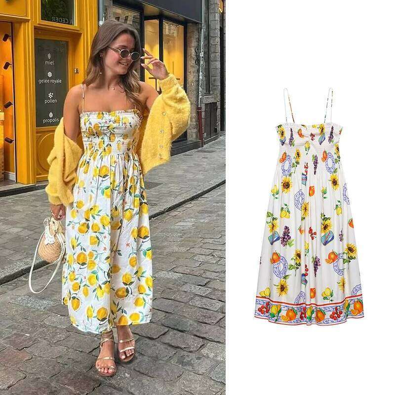 RAFZNB Women's Print Pleated Fashion Thin Straps Sleeveless Dress Summer Sexy Off Shoulder Female Elegant Party Dresses