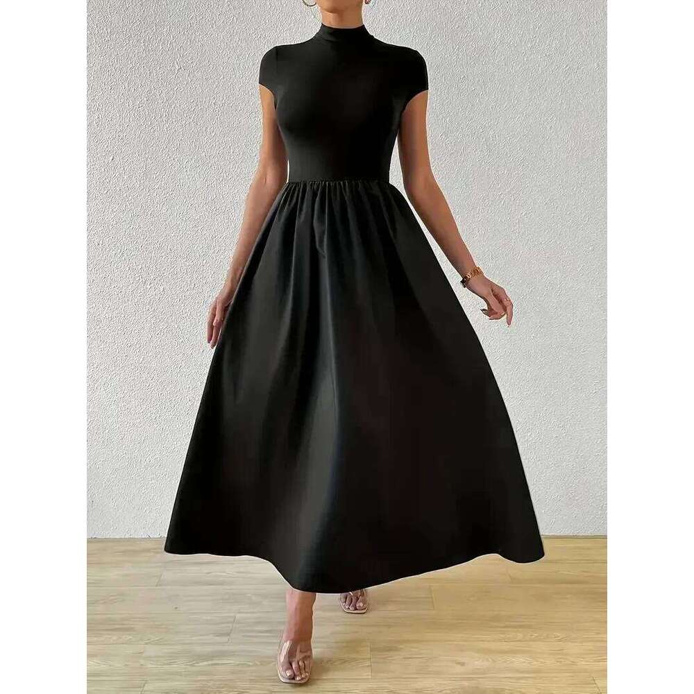 Plus Size 1XL-5XL Women's Casual Solid Color Crew Neck Short Sleeve Elegant Fit Flare Long Dress for Everyday Wear