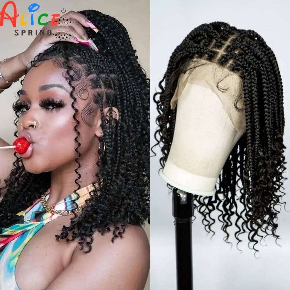 Knotless Box with Curly Ends Synthetic Full Lace Short Boho Braided Bob Wigs for Black Women