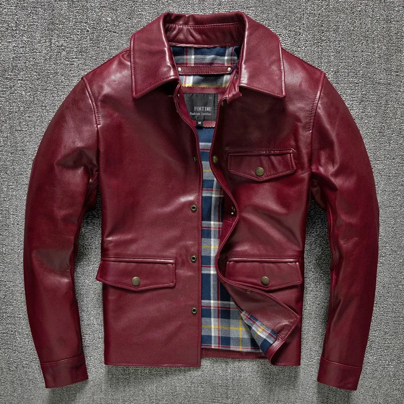2025 Spring Casual Genuine Leather Jacket Men Natural Sheepskin Motorcycle Leather Jackets Red Oil Wax Slim Fashion Clothing 250530
