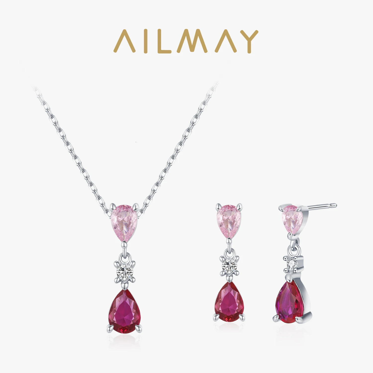 Ailmay 925 Sterling Silver Sweet Pink Water Droplet Zircon Pendant Necklace Earrings Set For Women Romantic Valentines Day gift 250530