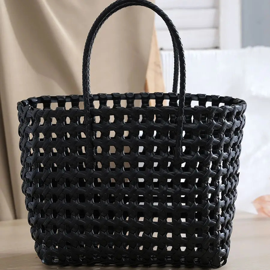 Plastic Woven Hollow Tote Bag Beach-Ready Handbag Lightweight Womens Boho Braided Purse with Eco-Friendly Material 250604