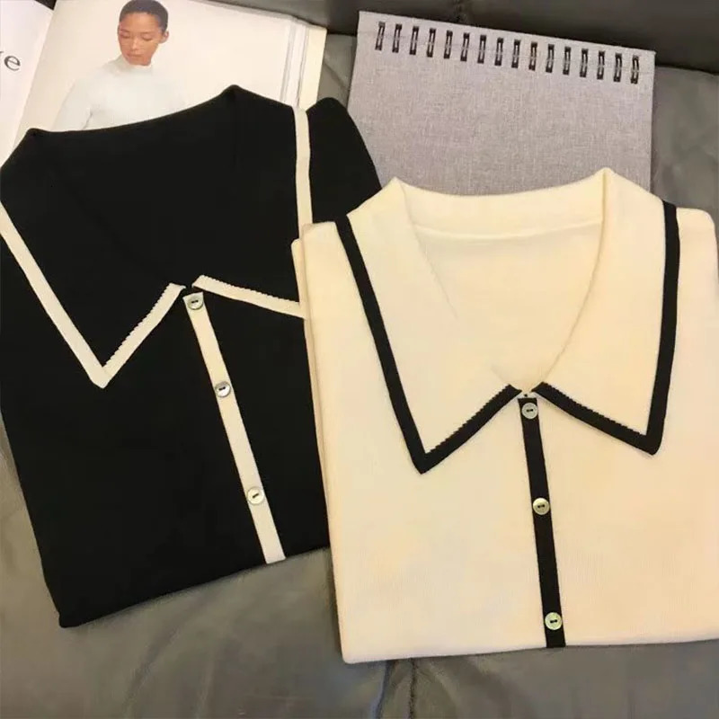 Women Fashion Black White Patchwork Polo Shirts Summer Casual Loose Short Sleeve Knit Tshirt Office Lady Chic Button Pullovers 250604