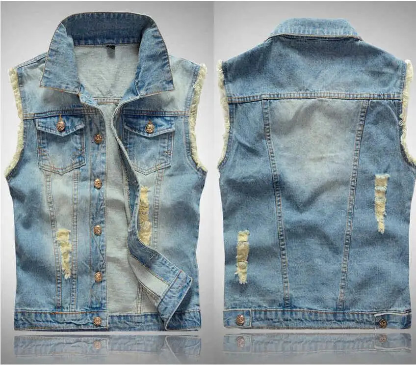 Men Sleeveless Ripped Jean Jackets Denim Vests Cowboy Waistcoat Multiple Colors Slim Type 250605Z