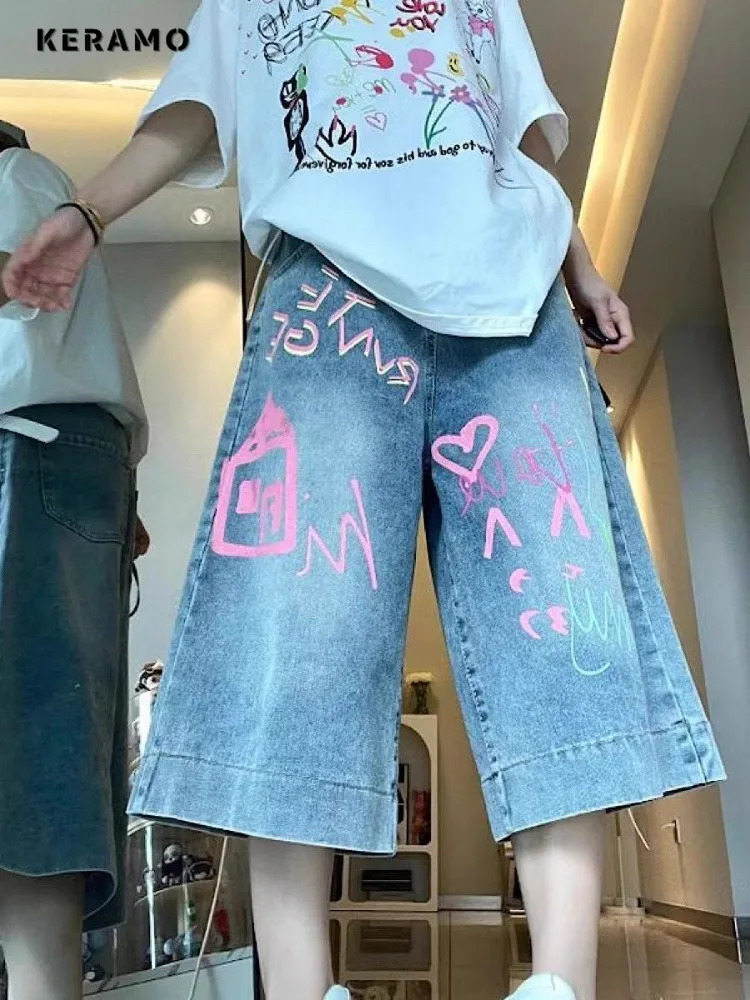 Y2K Heart Printing Calf Length Denim Trouser Vintage Casual Emo Blue Pants Womens Street Grunge 2000s High Waist Jeans 250604