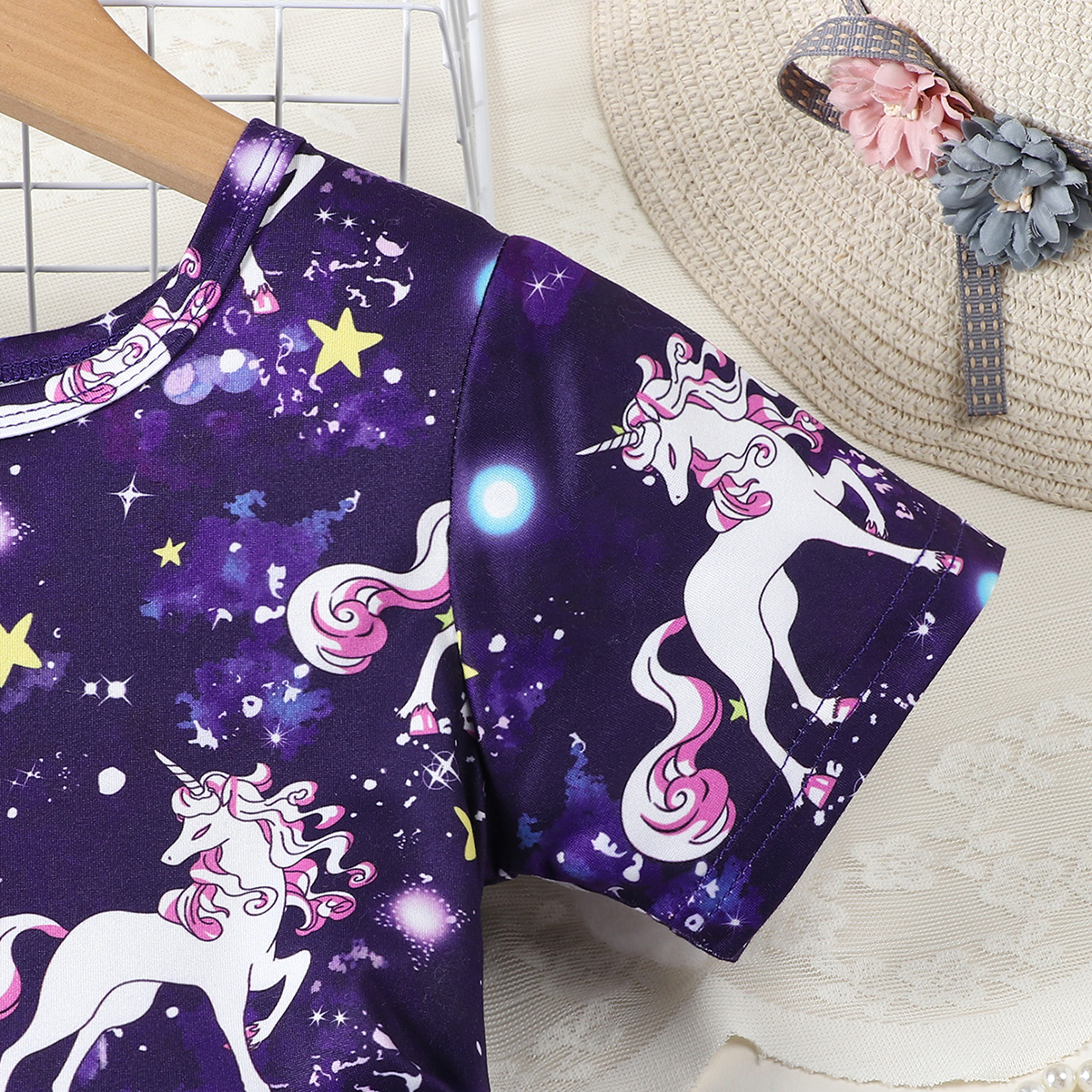 Summer Girl Cute Exclusive Beast Starry Sky Purple Full Print Round Neck Short Sleeve Waist Casual Dress for Baby Girls Cute Casual Fashion Dress Rand