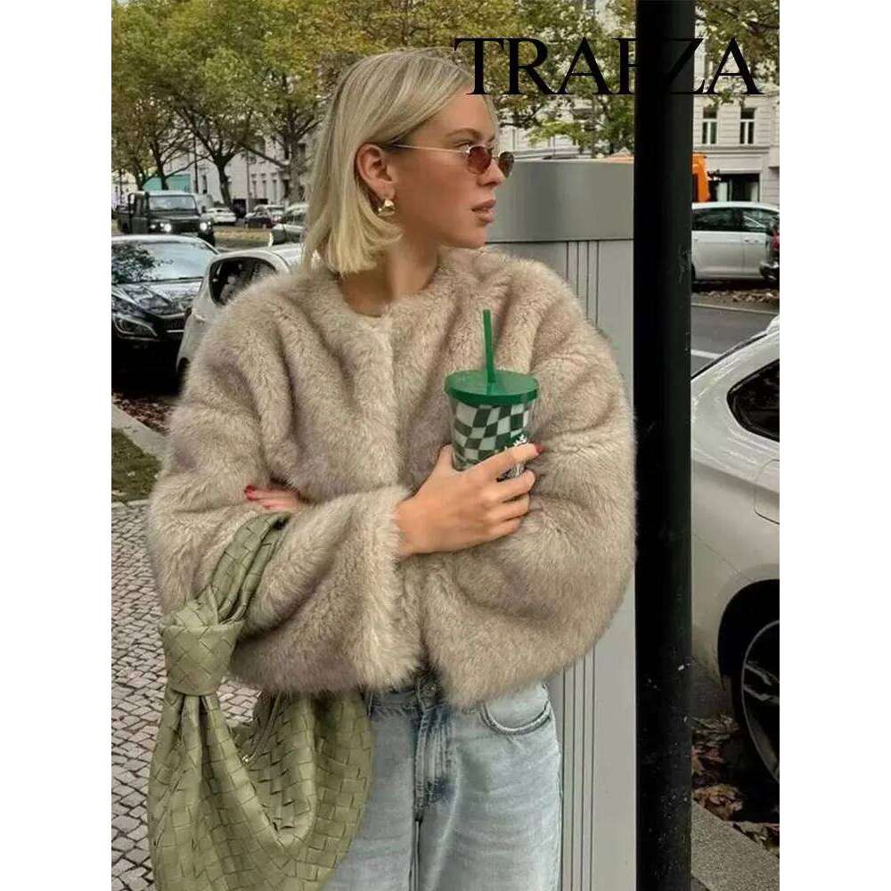 Coats Designer Women TRAFZA Winter Streetwear Faux Fur Effect Short Jacket Coat Retro Solid Color O Neck Longsleeve Women's Loose Thermal Top Des