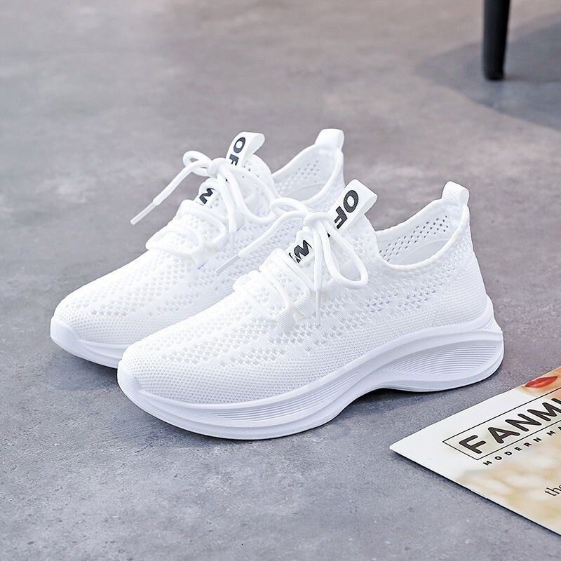 Flyknit Casual Shoes Women S Spring New Korean Style Mesh Breathable White Sneakers Outdoor Comfortable Simple Lightweight Thick Soled Sports Shoes Dd