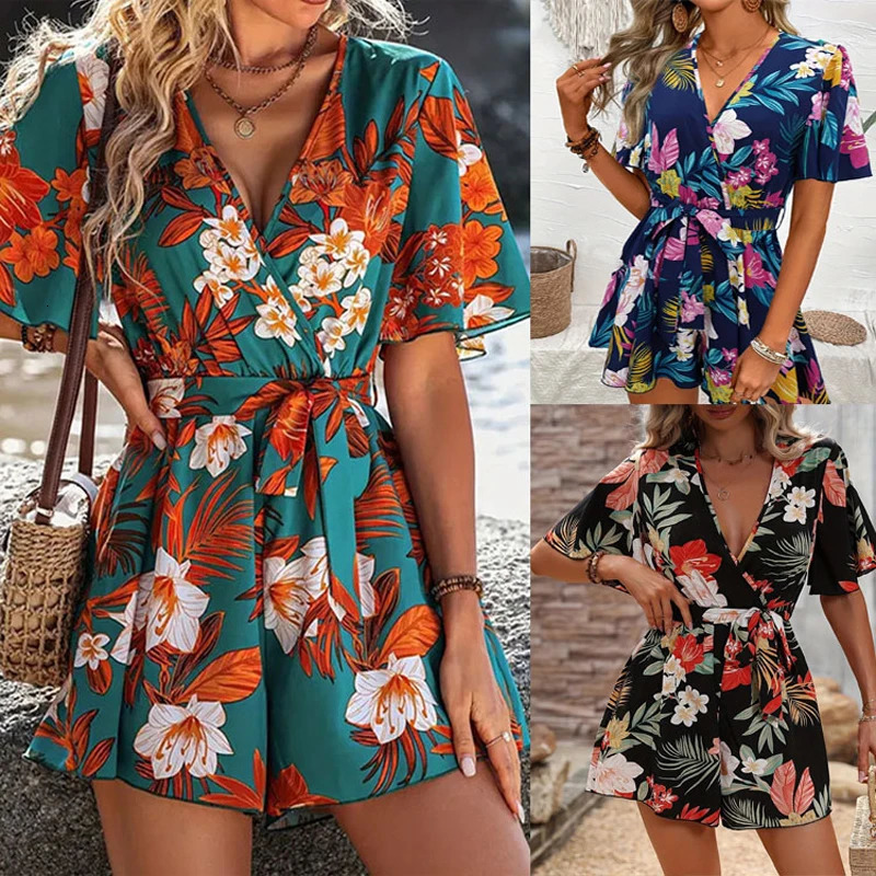 Bohemian Floral Print Short Jumpsuits For Women Summer Sleeve Wide Legs One Piece Elegant Beach Wear Casual Outfit 250604