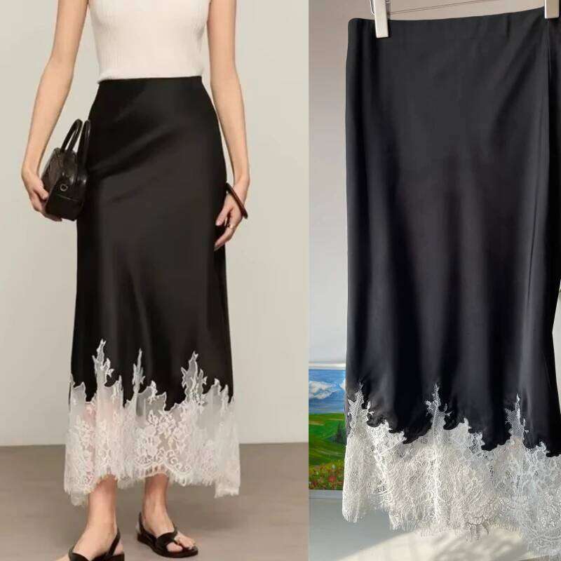 Fairy Lace-Trim Satin Midi Skirt High Wasit Elegant Wrapped Hip Long Skirts Party 2025 Fashion Trends Summer Women Clothing
