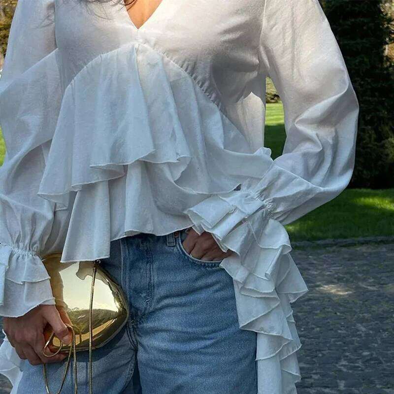 For Women Ruffles V-Neck Sleeve Chic Casual Shirts Spring Summer 2025 New Comfortable Female Fashion Long Blouses