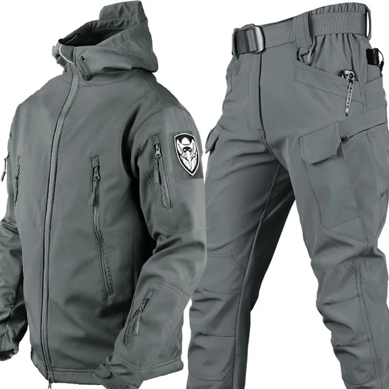 Winter Thicken Men Camo Suit Waterproof Tactical Training Set Multipocket Hooded Jacket Fleece Pants Outdoor Hunting 2piece 250604