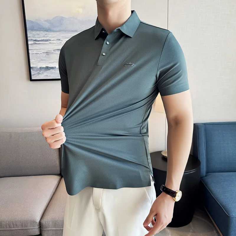 High Elasticity Mens Short Sleeve POLO Shirt 2024 Summer New Solid Casual Pure Cotton Slim Fit Embroidered T-shirt Mens Clothing XJ250605