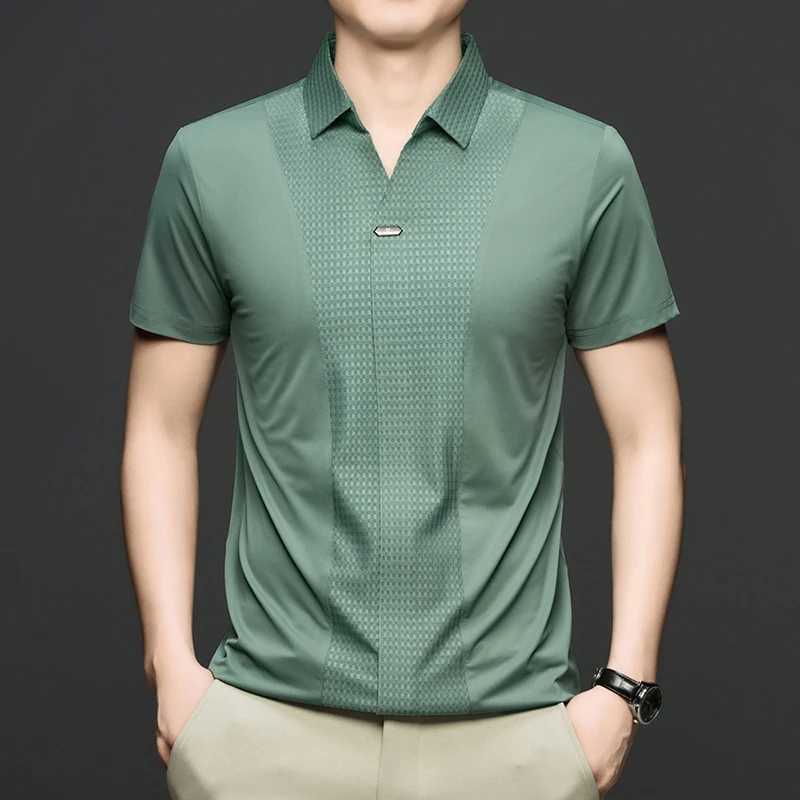 Personality jacquard splicing short sleeve Polo shirt men ice silk breathable high quality fashionable buttonless V-neck T-shirt XJ250605