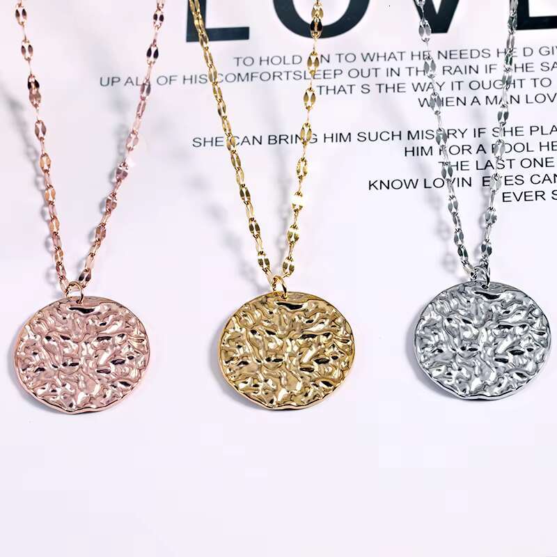 Simple 18k Gold Plated Hammered Texture Round Disk Pendant Necklace Stainless Steel Custom Letter Initial Necklace Women