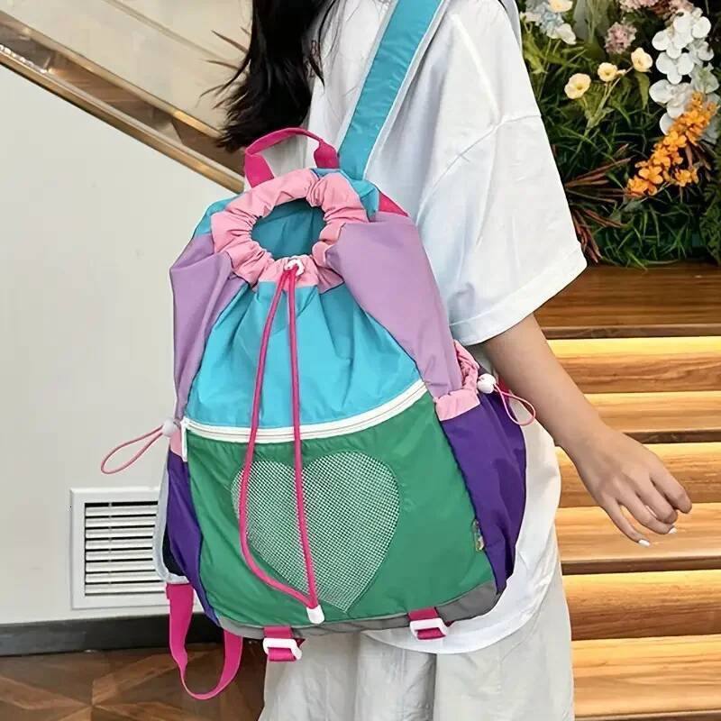 Women Girls Color-Block Laptop Backpack Nylon Drawstring Adjustable Strap Rucksack For Travel School