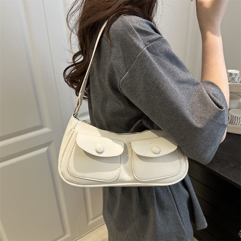 designer Vintage Commuter Underarm Bag for Women 2025 New Fashion Casual Double Pocket Leather Shoulder Bag Niche Stylish Handbag
