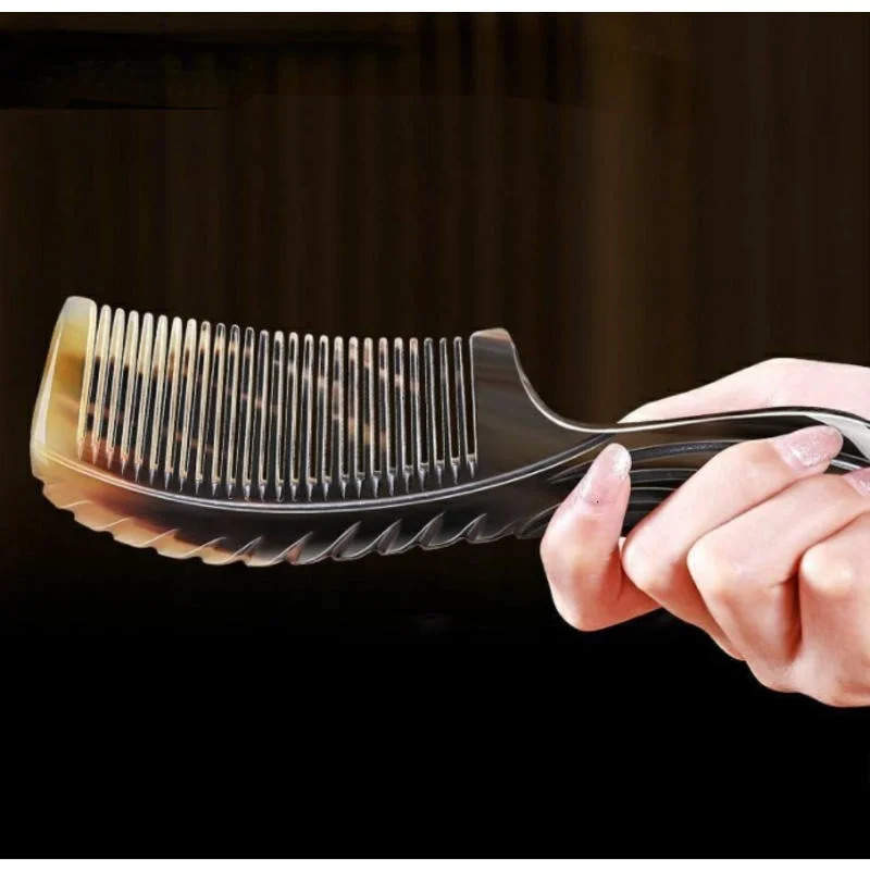 Natural Buffalo Horn Comb Fine Teeth Anti Static Massage Hair Comb with Thickening Round Handle for Head Health 250603