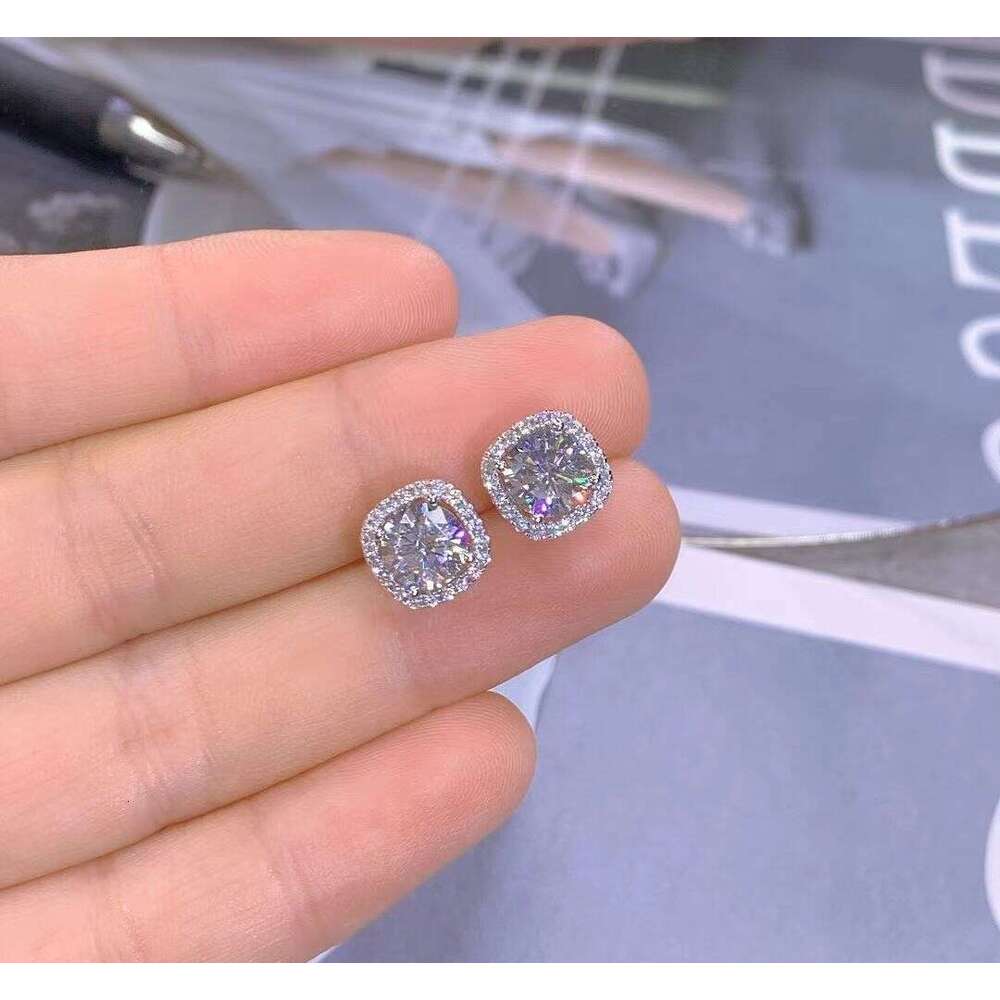 DHGADGETS 925 Sterling Silver Princess Cut Moissanite Stud Earrings Square Halo CZ Setting for Women Elegant Jewelry