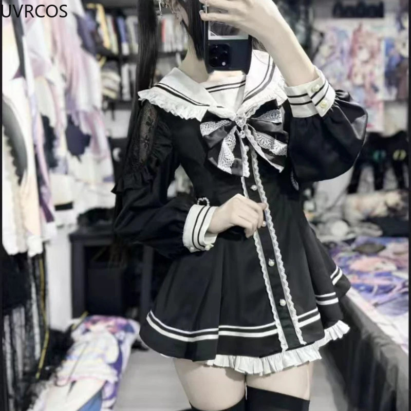 Japanese Style Gothic Y2k Lolita Bow Dress Shorts Set Women Vintage Sweet Long Sleeve Button Shirt Party Dresses Slim Mini 250526