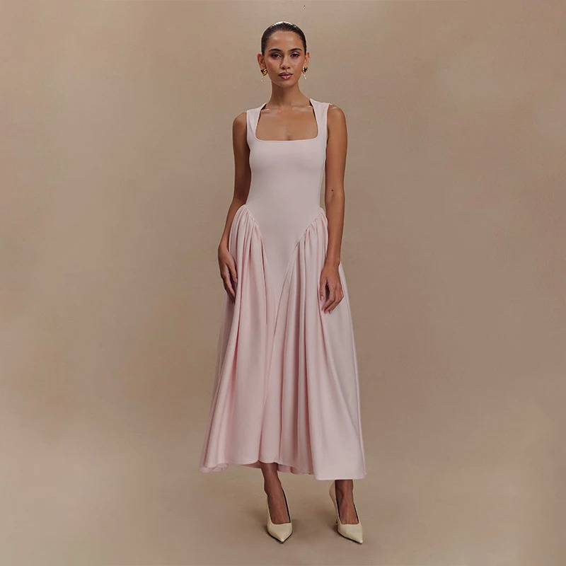 Elegant French Style Pink Strap Dress Spring FloorLength Gown Square Neckline Charming European And American CrossBorder 250604