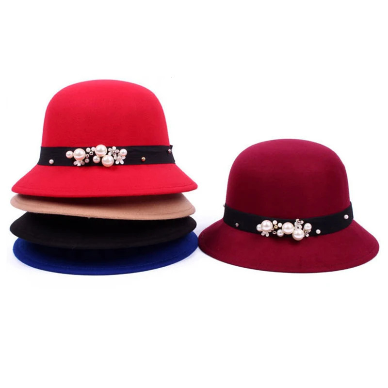 Vintage Ladies Brim Bucket Hat Elegant Women Round Bowler Cap Wool Pearl Fedoras Hat 250605