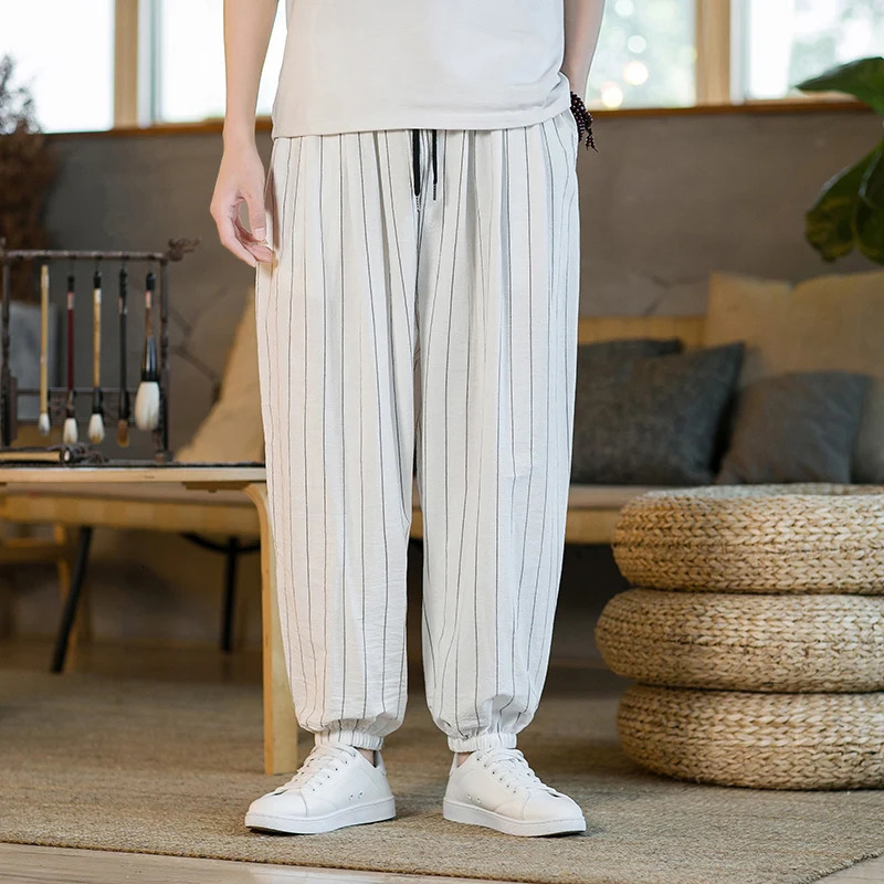 Japanese Style Stripe Summer Cotton Linen Harem Pants Men Streetwear Breathable Beach Male Casual CalfLenght Trousers 250605Z