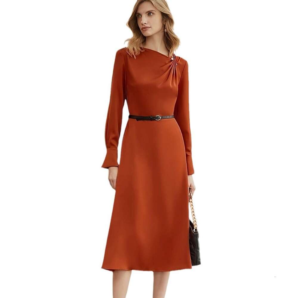 New Temu Solid Color Sleeve Fashion Elegant Long Waist-Cinching Women's Dress B5