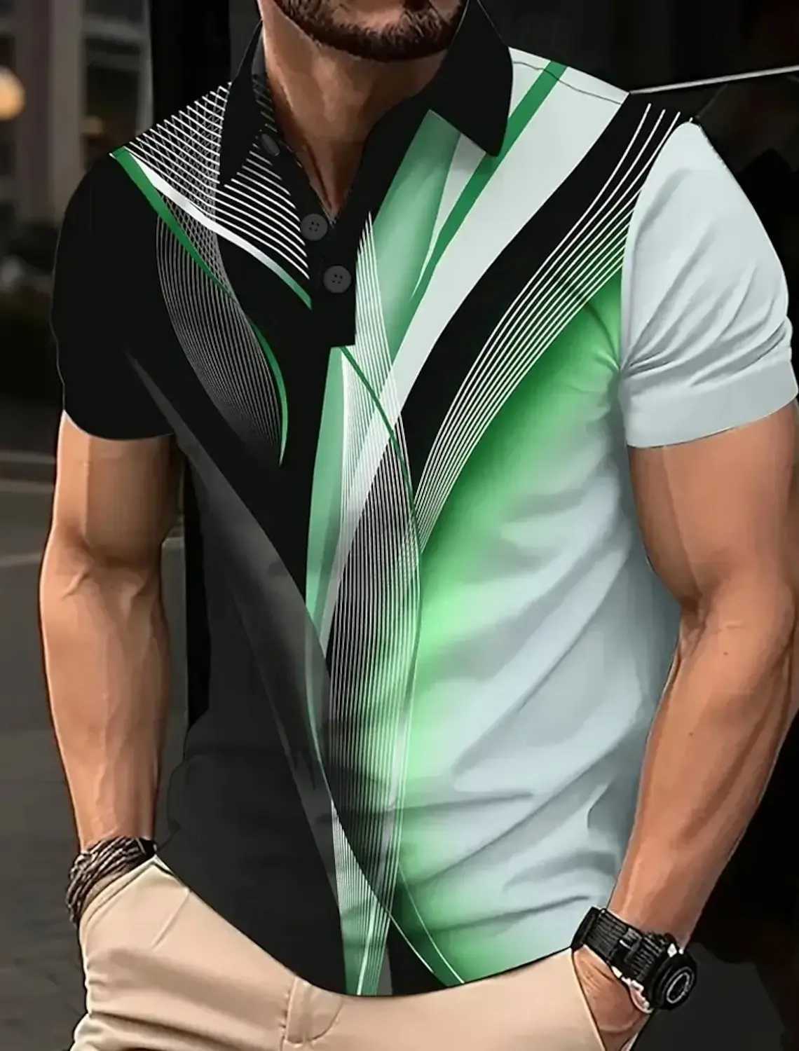 Mens Summer Geometric Line Polo Short Sleeve Polo Shirts Collared Shirts Business Casual School Outdoor Daily Wear 3D PrintXJ250605