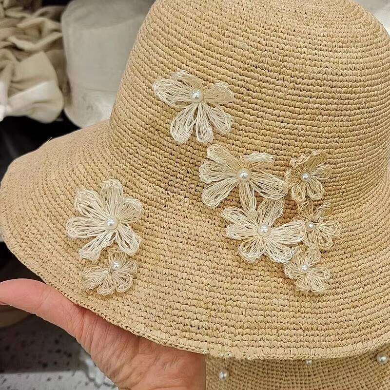 fashion packable Sun Hats Summer raffia Straw Beach dress Caps Women Bucket Cloche Hat with flowers for travel Outdoor
