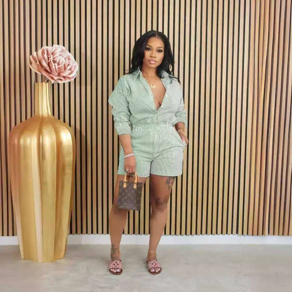 European Style Striped Print Shorts Summer Casual Two Pieces Clothes Set Matching Suit Outfits