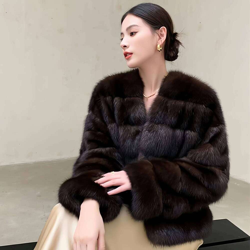 Women's Covered Button Faux Mink Fur Coat, O-Neck Short Jacket,Thick Warm Clothes,England Style,Autumn And Winter, 2024