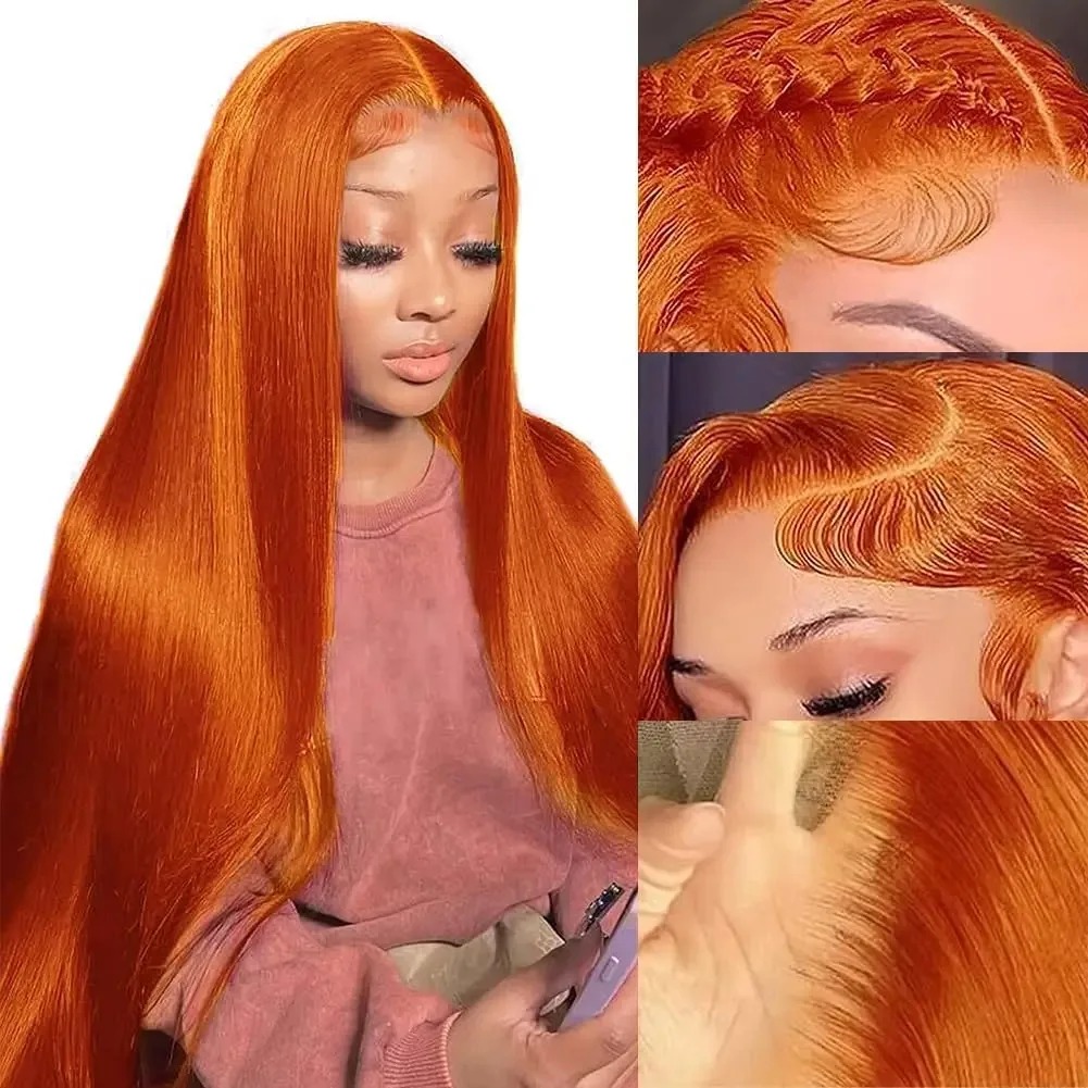 220 32 36 Inch Ginger Orange Bone Straight 13x6 Lace Front Human Hair Wig 13x4 HD Transparent Lace Frontal Wigs Synthetic